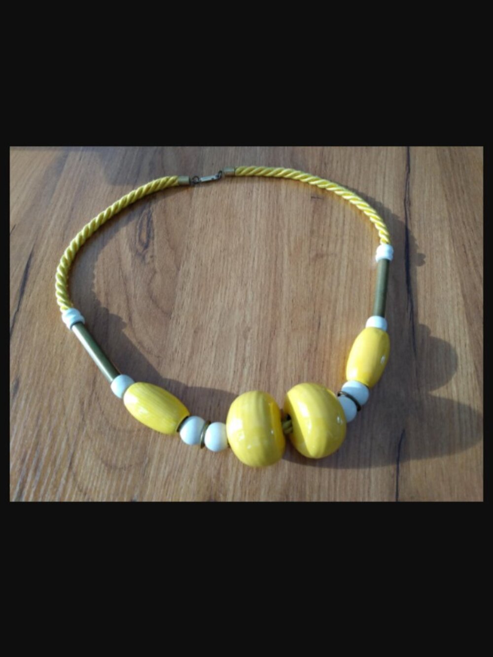 Vintage Yellow Chunky Ceramic Necklace Large Statement Beads Brass Rope